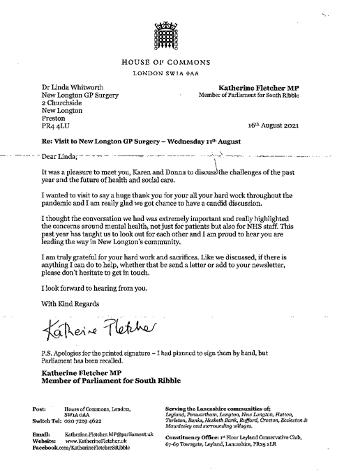 Letter from MP Katherine Fletcher